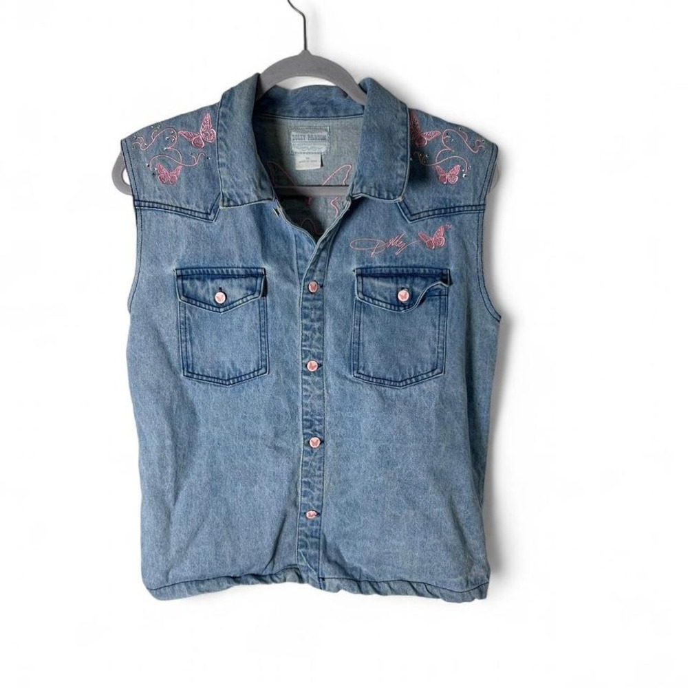 Dolly Parton blue denim vest with pink butterfly‎ embroidery #western #festival